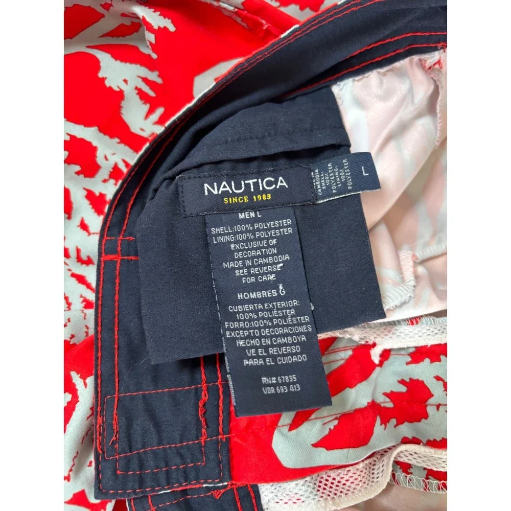Nautica Mens Swim Trunks Red Coral Print Board Shorts‎ Mesh Lining Large